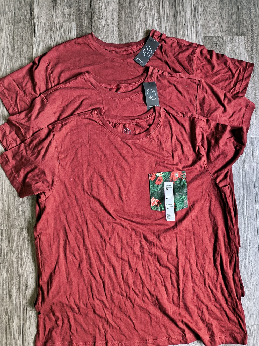 Men's Red Crew Neck T-Shirt with Floral Pocket